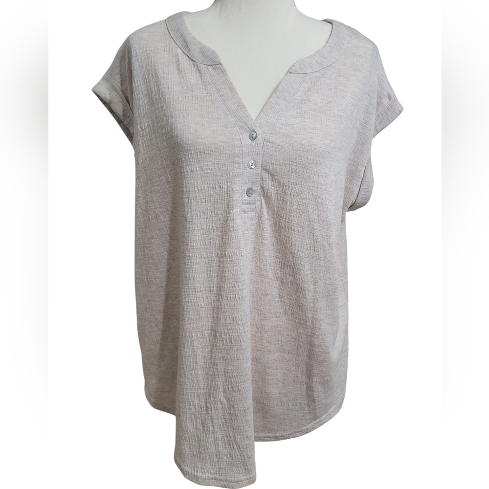 Jane + Delancey Casual Beige Top Short Cap Sleeve Buttons Textured Sz L
